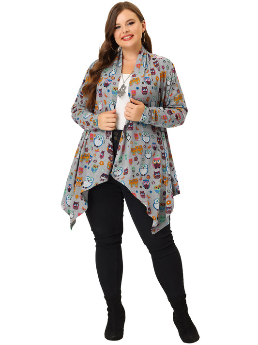 Women Plus Size Owl Cardigan Flowy Print Loose Open Front Knitting Cardigans