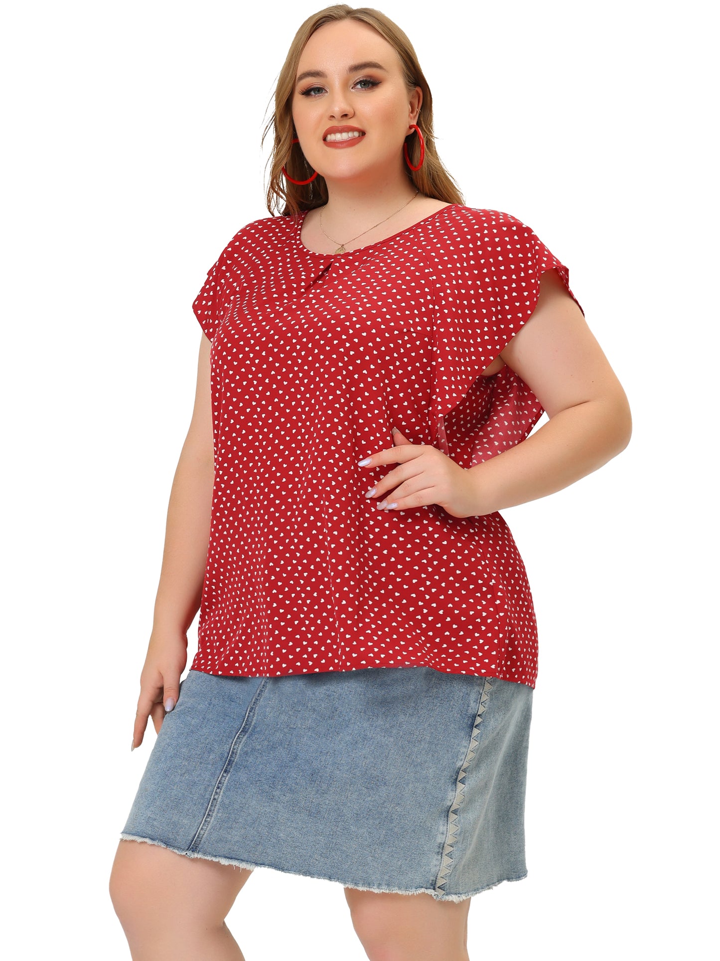 Women Plus Size Top Round Neck Short Sleeve Ruffle Summer Polka Dots Floral Blouse