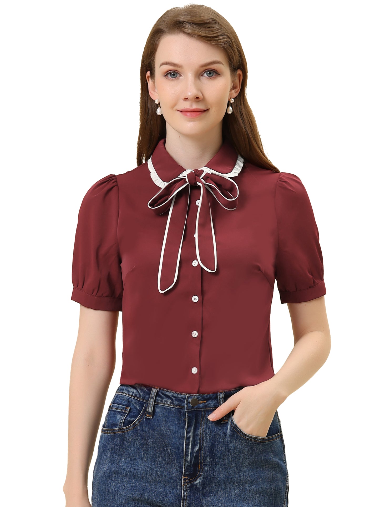 Women's Peter Pan Collar Blouse Bow Tie Neck Work Office Button Down Shirt