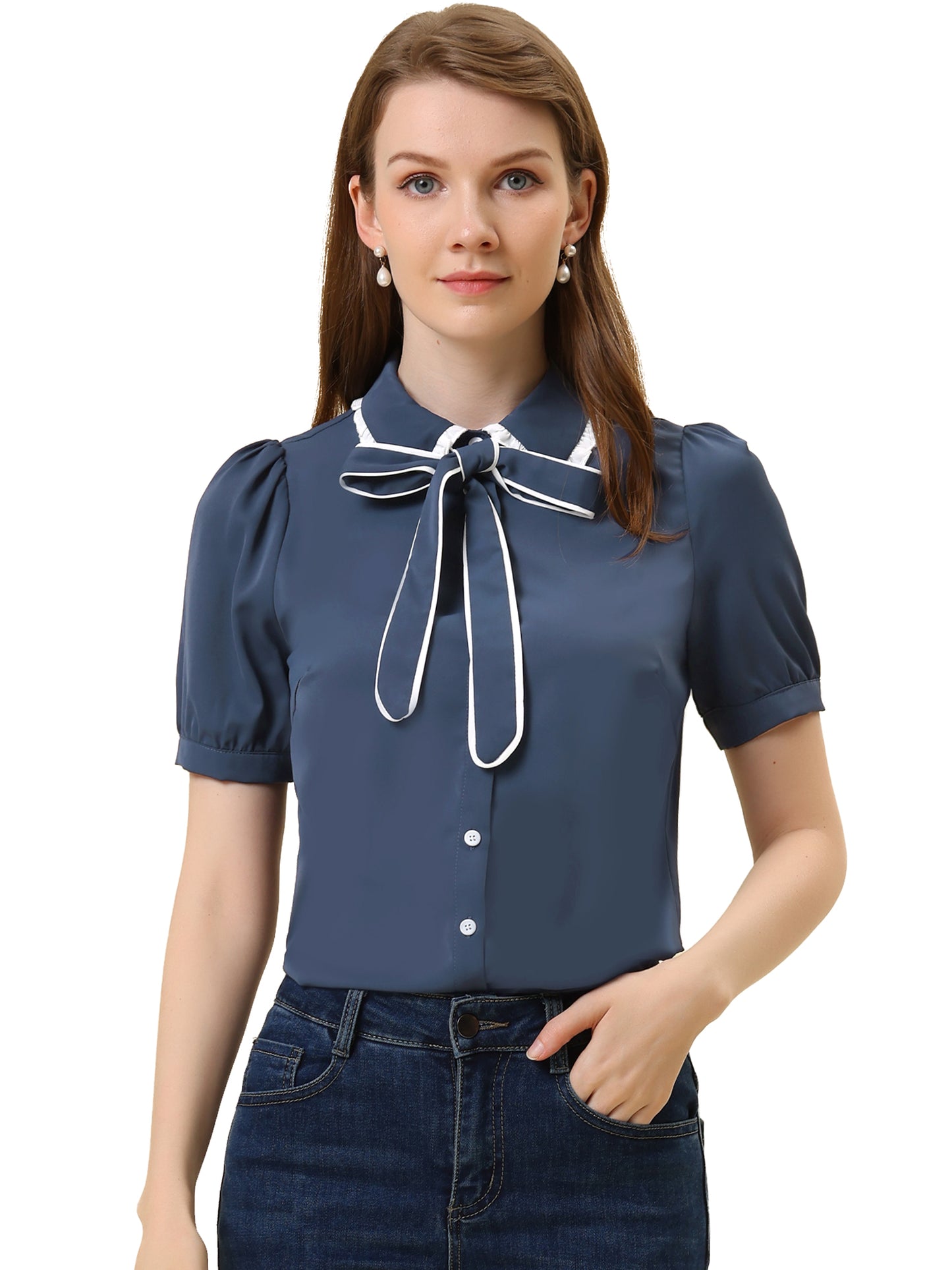 Women's Peter Pan Collar Blouse Bow Tie Neck Work Office Button Down Shirt