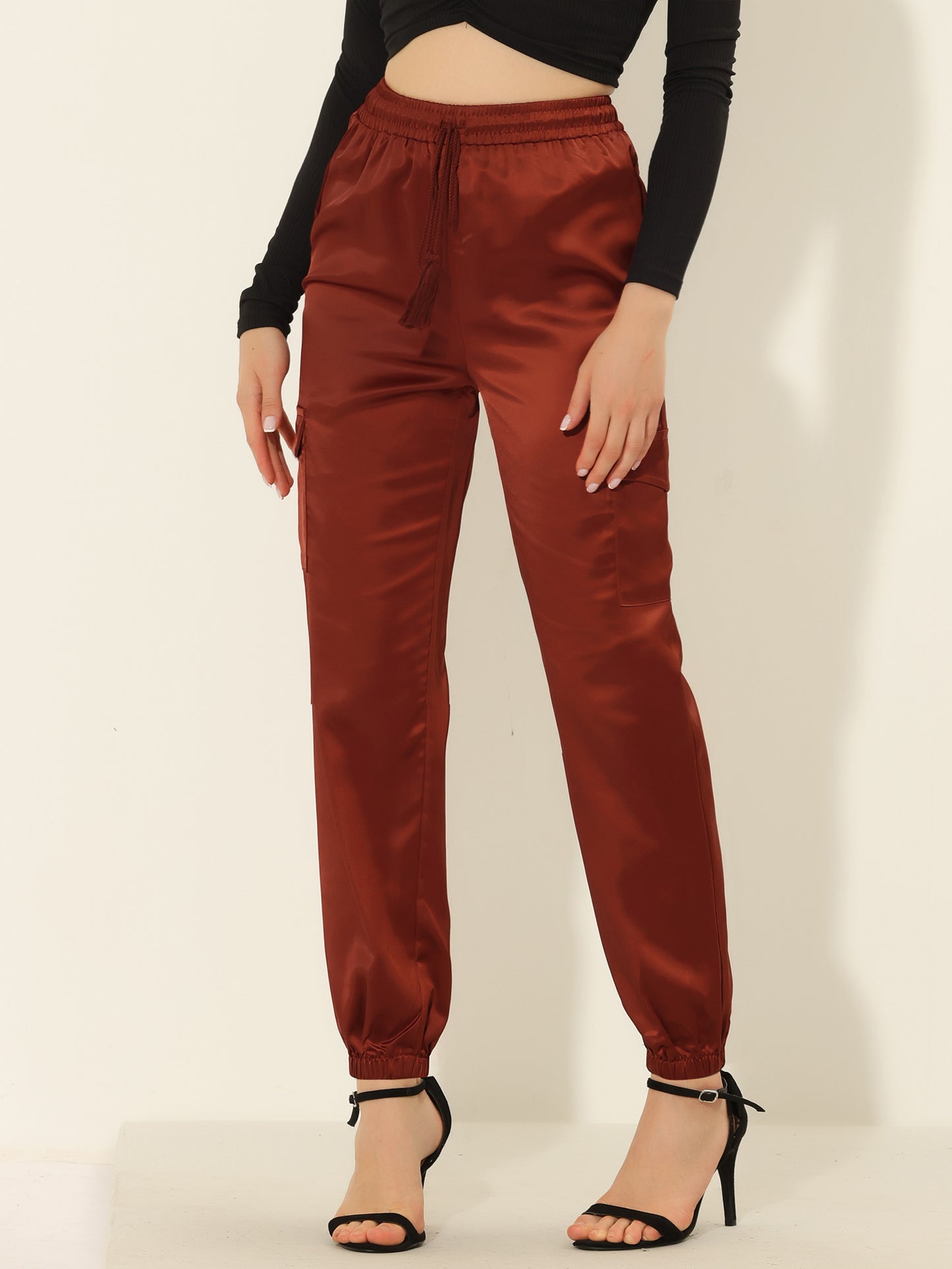 Women's Satin Joggers Drawstring Elastic Athleisure Pants High Waist Shiny Silky Satin Cargo Pants