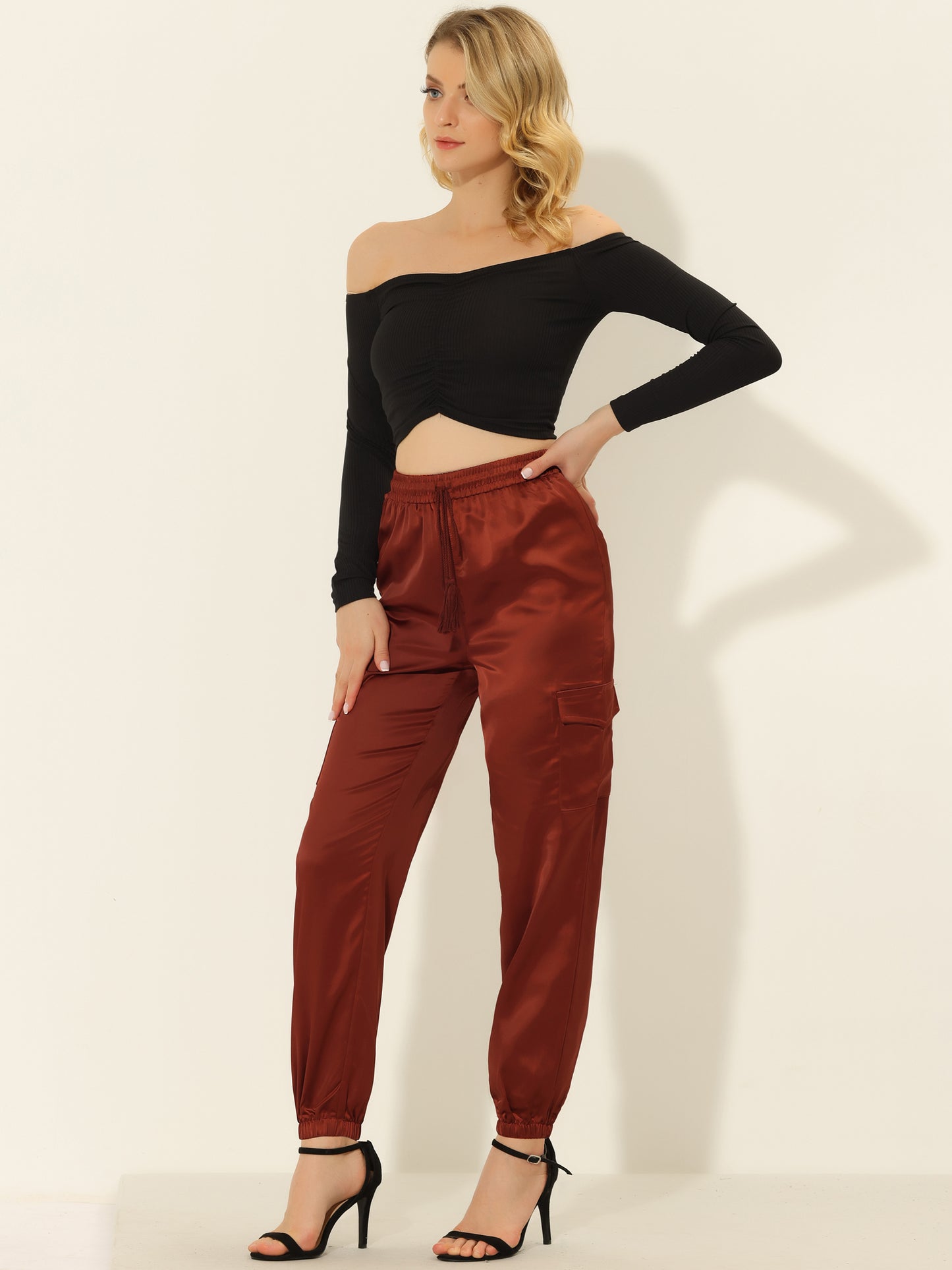 Women's Satin Joggers Drawstring Elastic Athleisure Pants High Waist Shiny Silky Satin Cargo Pants