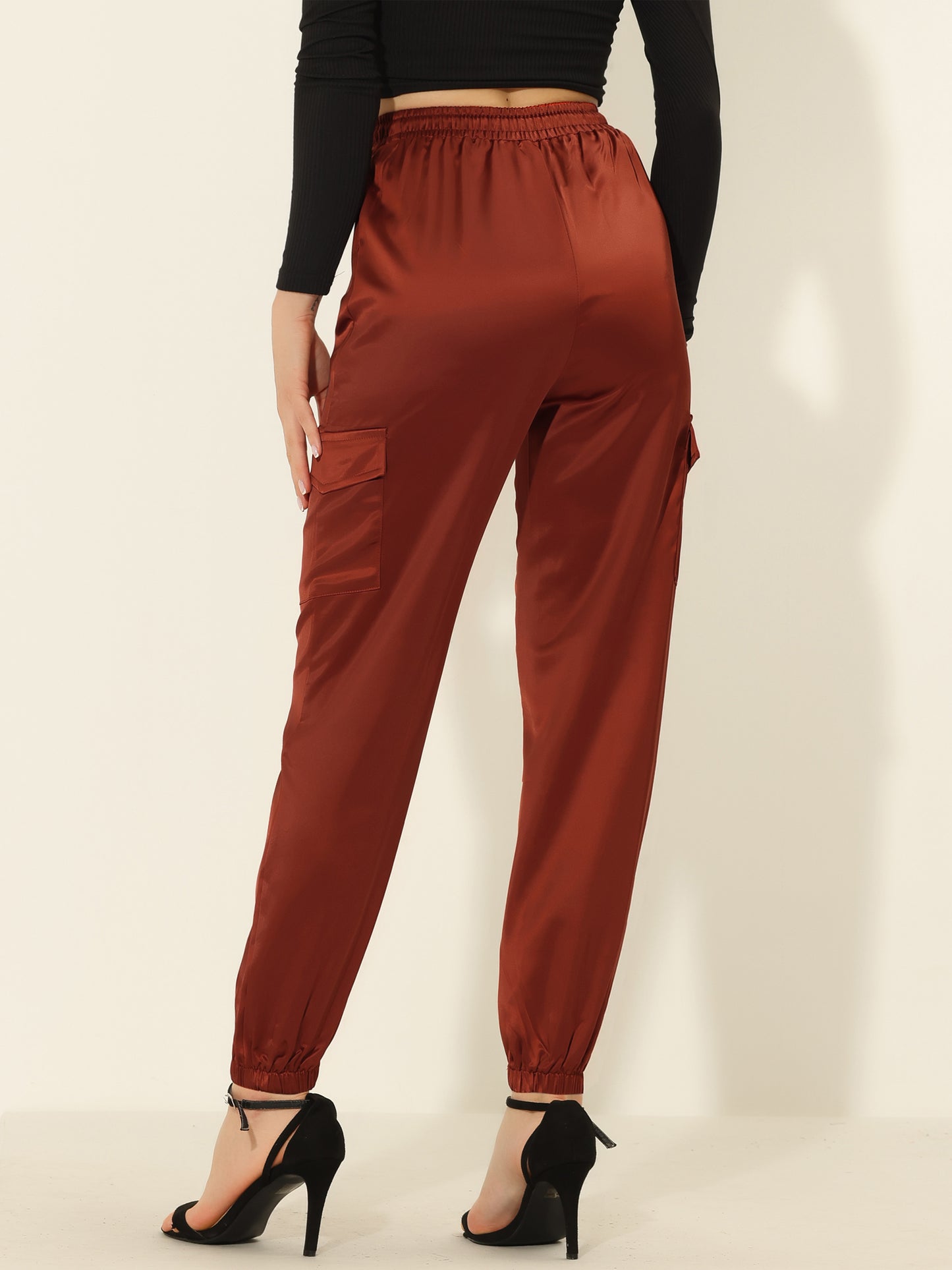 Women's Satin Joggers Drawstring Elastic Athleisure Pants High Waist Shiny Silky Satin Cargo Pants