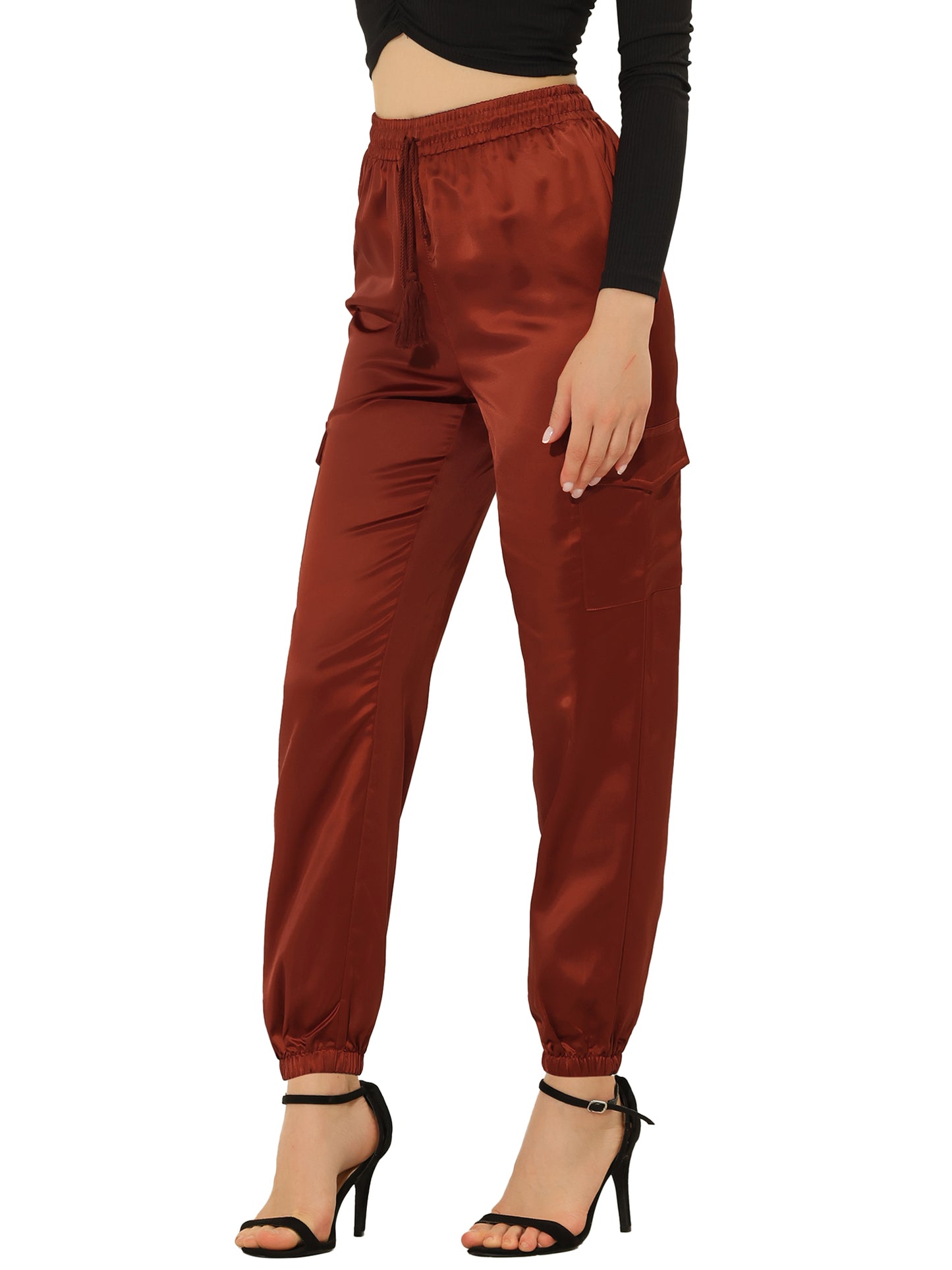 Women's Satin Joggers Drawstring Elastic Athleisure Pants High Waist Shiny Silky Satin Cargo Pants