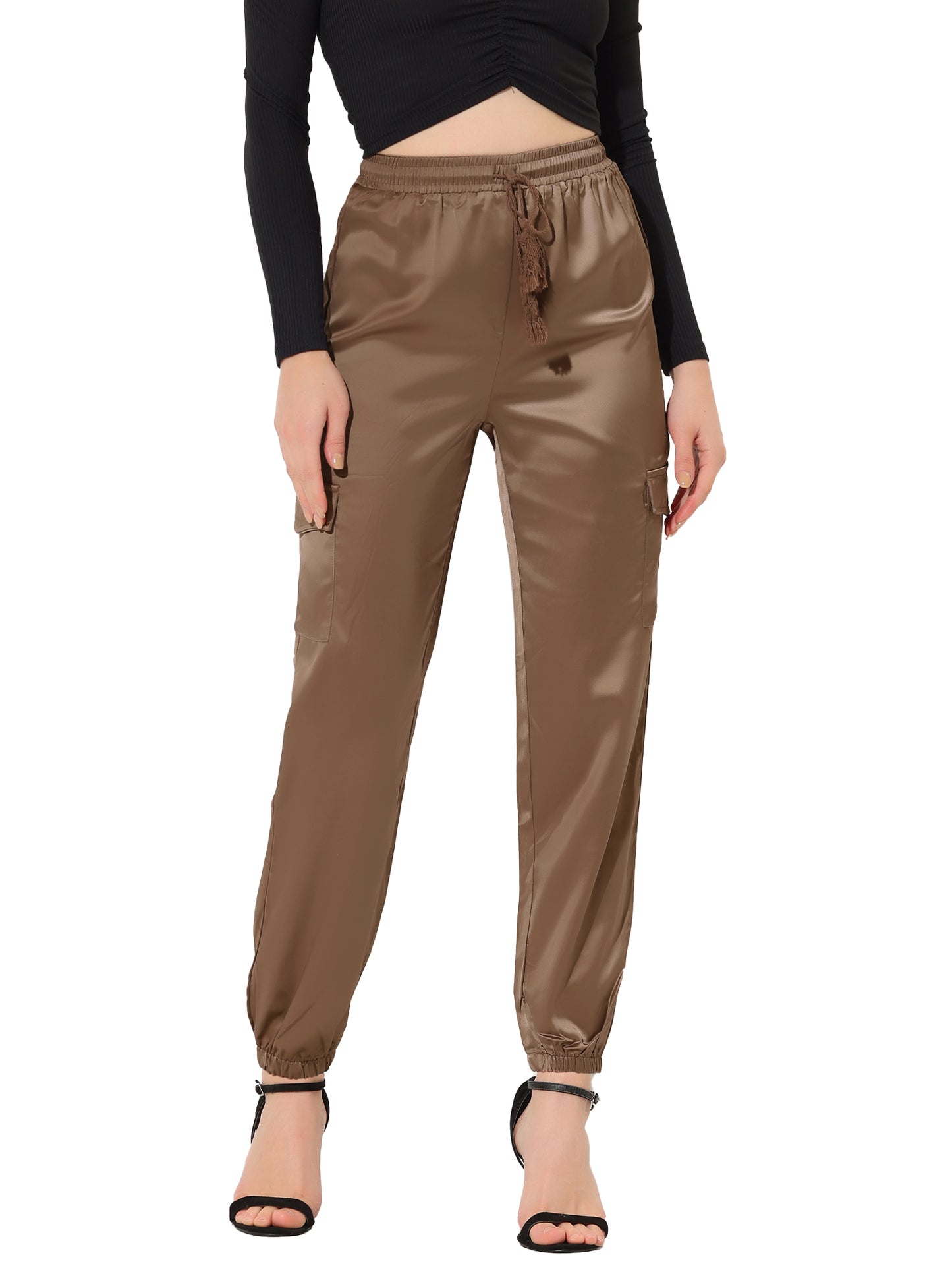 Women's Satin Joggers Drawstring Elastic Athleisure Pants High Waist Shiny Silky Satin Cargo Pants