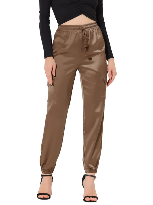 Women's Satin Joggers Drawstring Elastic Athleisure Pants High Waist Shiny Silky Satin Cargo Pants