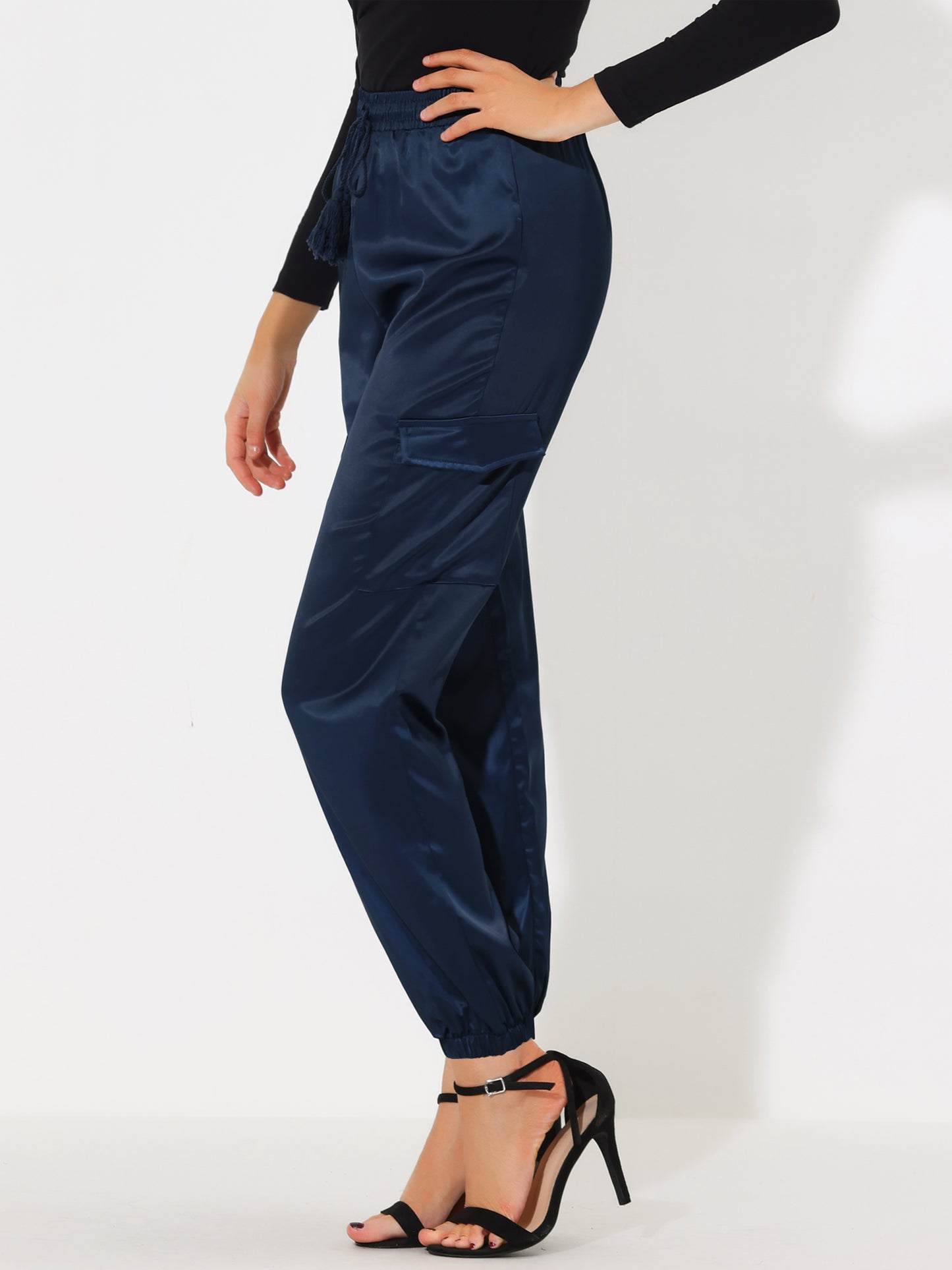 Women's Satin Joggers Drawstring Elastic Athleisure Pants High Waist Shiny Silky Satin Cargo Pants