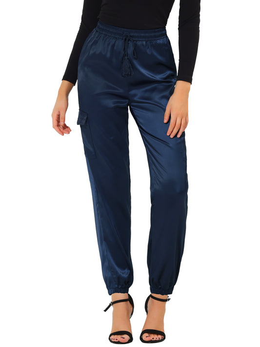 Women's Satin Joggers Drawstring Elastic Athleisure Pants High Waist Shiny Silky Satin Cargo Pants