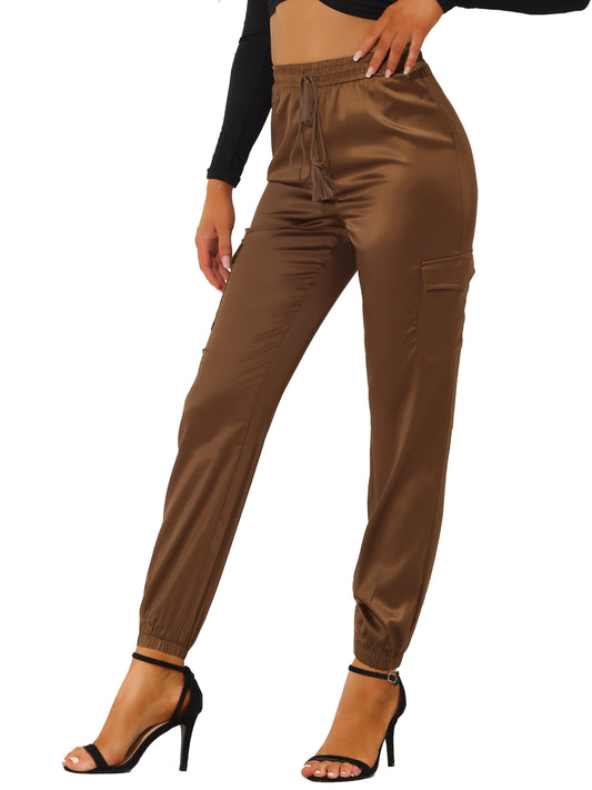 Women's Satin Joggers Drawstring Elastic Athleisure Pants High Waist Shiny Silky Satin Cargo Pants
