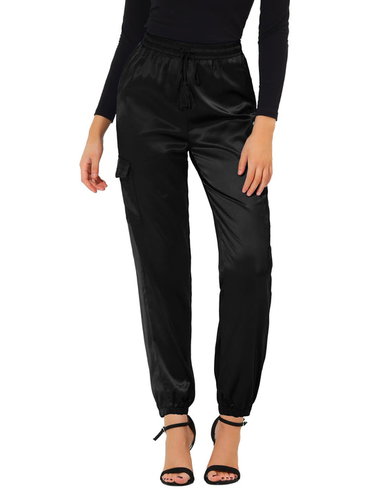 Women's Satin Joggers Drawstring Elastic Athleisure Pants High Waist Shiny Silky Satin Cargo Pants (Available in Plus Size)