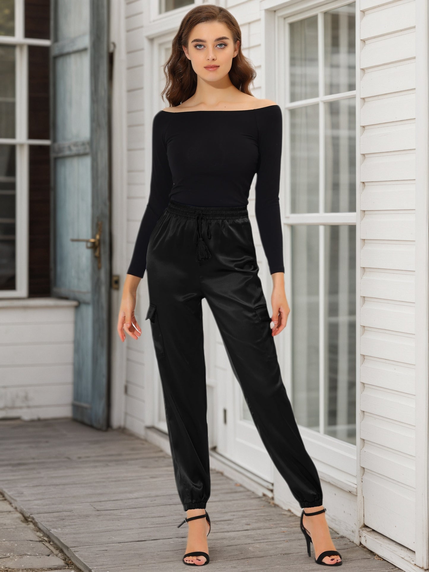 [PACK SALES] Women's 2 Pieces Drawstring Elastic High Rise Silky Satin Cargo Solid Pants