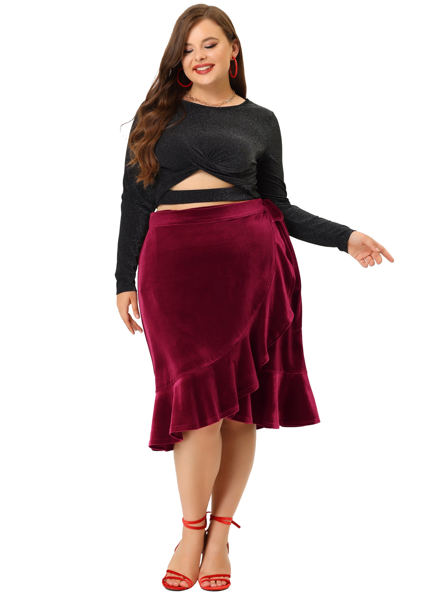 Women Plus Size Skirt Party Cocktail Ruffled Hem Velvet Wrap Retro Skirt