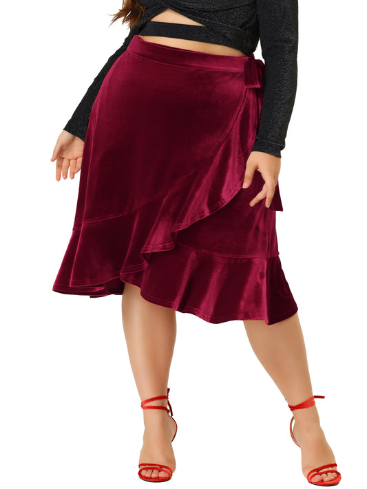 Women Plus Size Skirt Party Cocktail Ruffled Hem Velvet Wrap Retro Skirt
