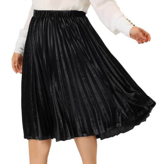 Women Plus Size Velvet Skirt Elastic Waist Metallic Accordion Midi Pleated Skirt