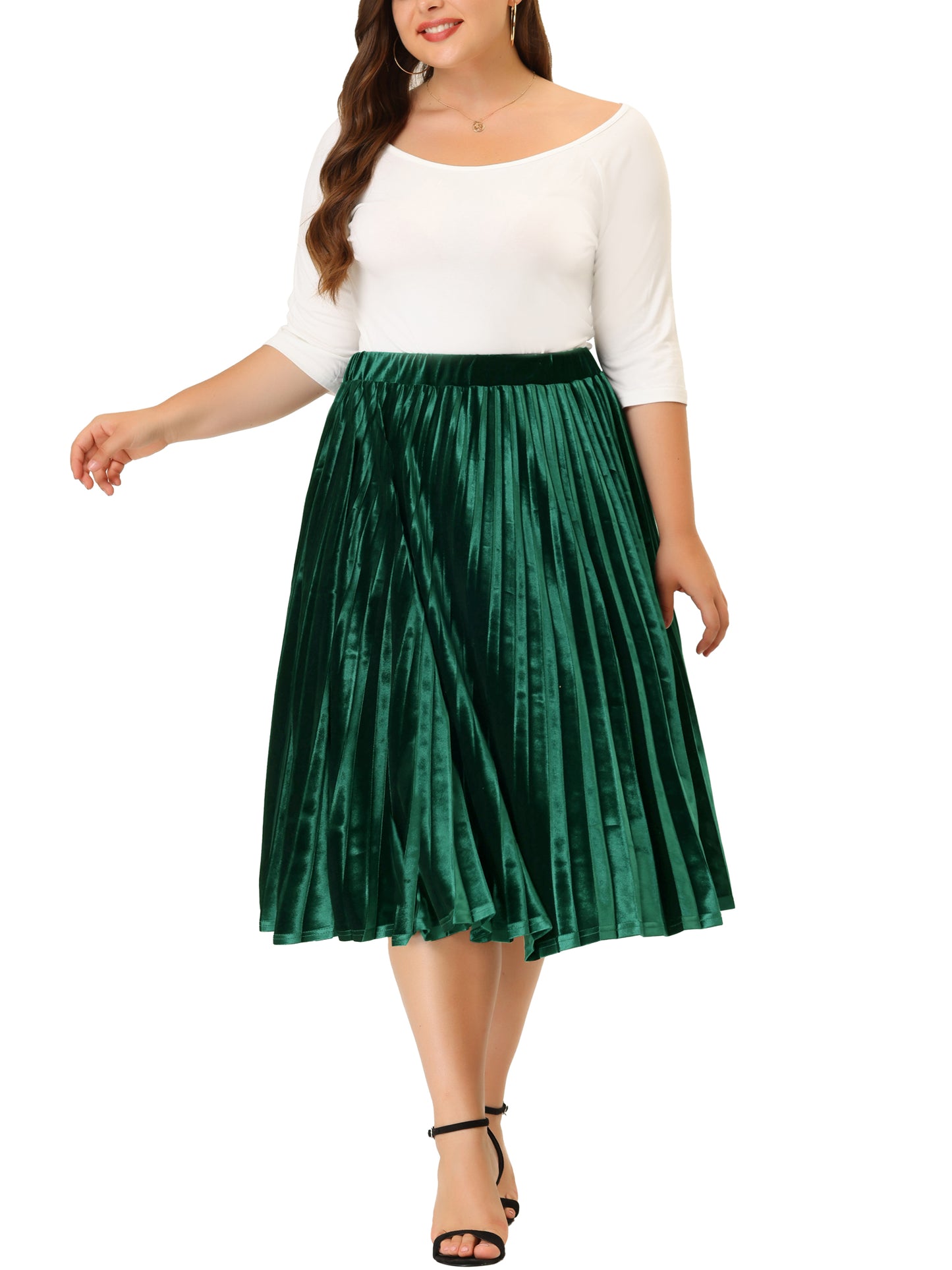 Women Plus Size Velvet Skirt Elastic Waist Metallic Accordion Midi Pleated Skirt