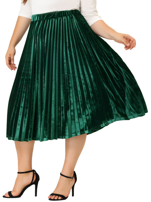 Women Plus Size Velvet Skirt Elastic Waist Metallic Accordion Midi Pleated Skirt
