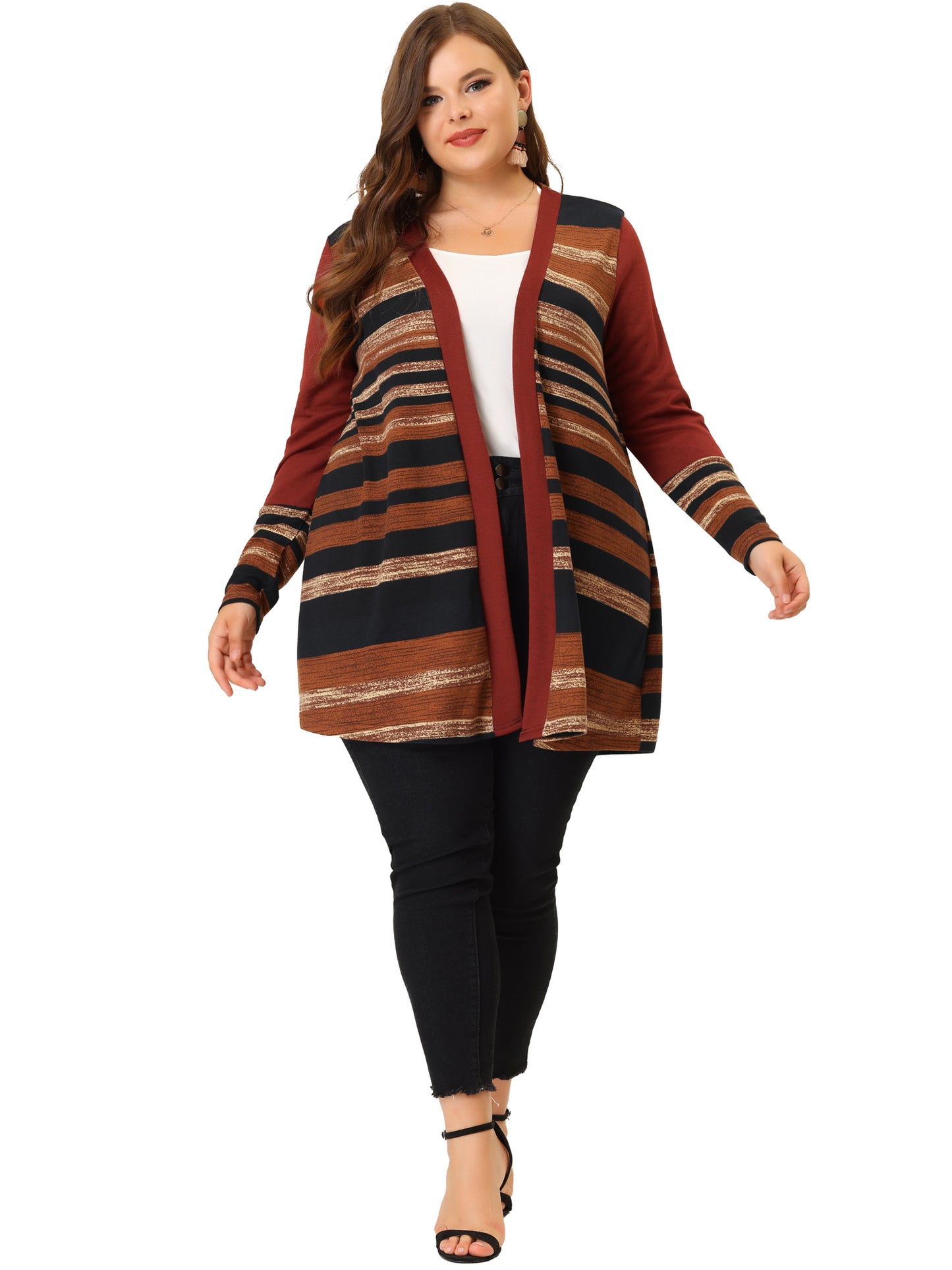 Women's Plus Size Cardigan Long Open Front Striped Sweater Cardigans