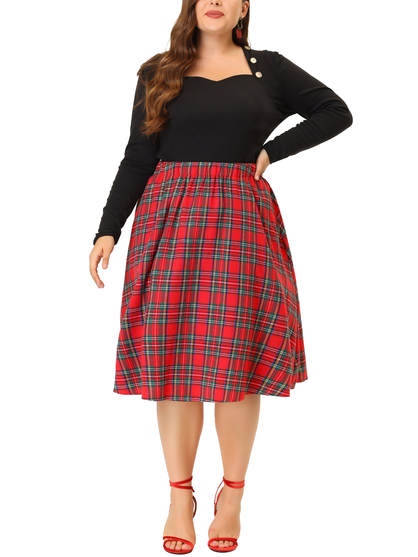 Women Plus Size Vintage Skirt A-line Plaid Printed Flare Elastic High Waist Midi Skirt