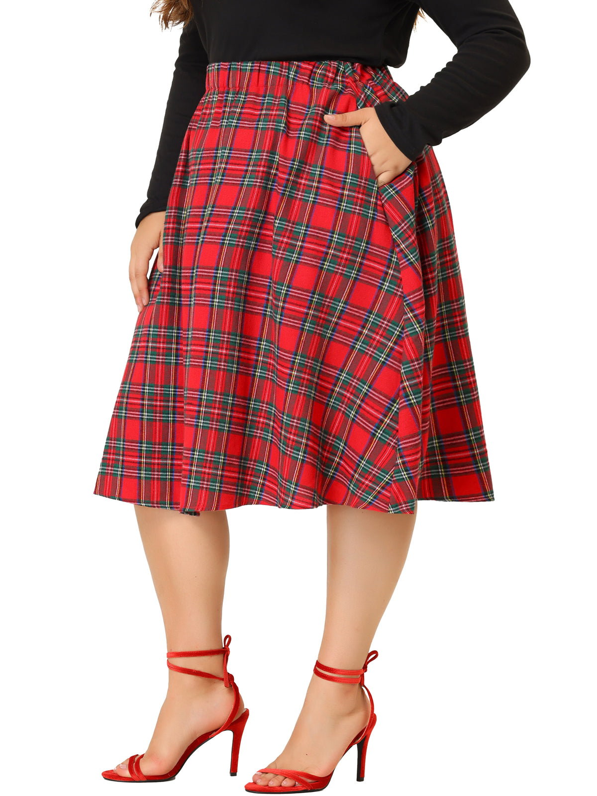 Women Plus Size Vintage A-line Plaid Printed Flare Elastic High Waist Midi Skirt