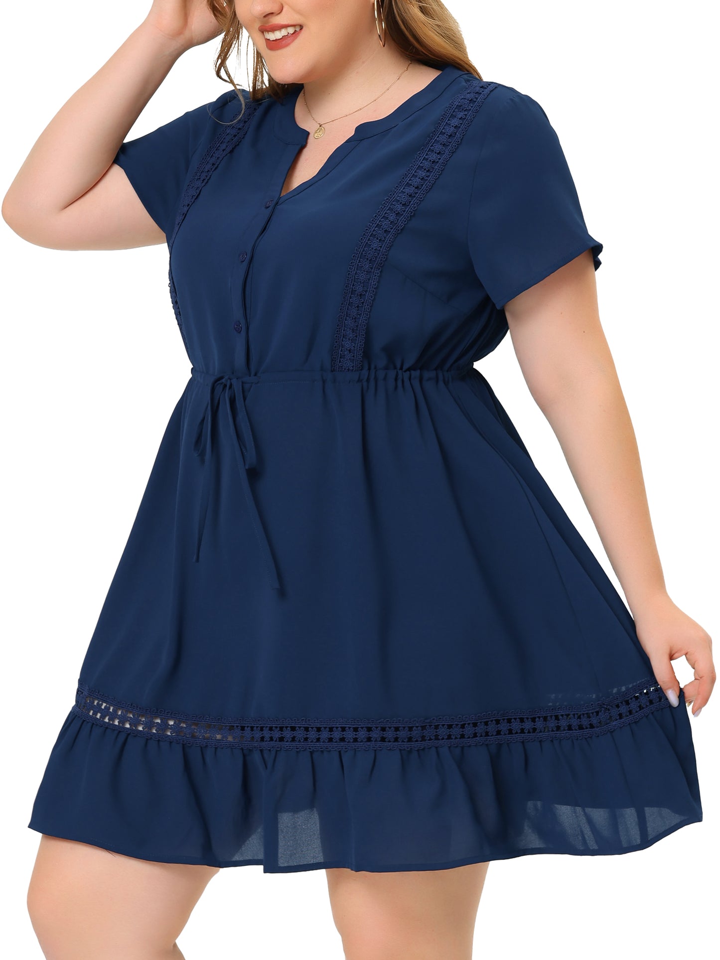 Women Plus Size Button V Neck Summer Midi Ruffle A Line Swing Dress