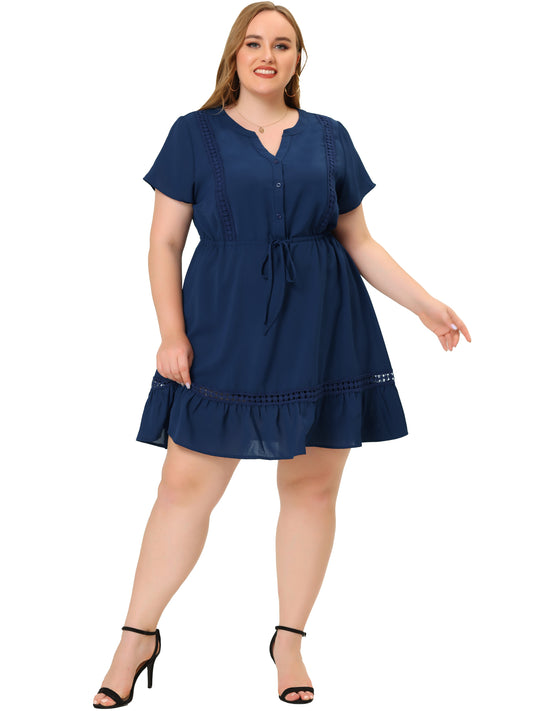 Women Plus Size Button V Neck Summer Midi Ruffle A Line Swing Dress