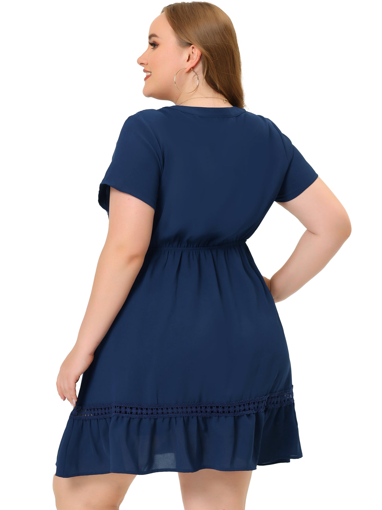 Women Plus Size Button V Neck Summer Midi Ruffle A Line Swing Dress