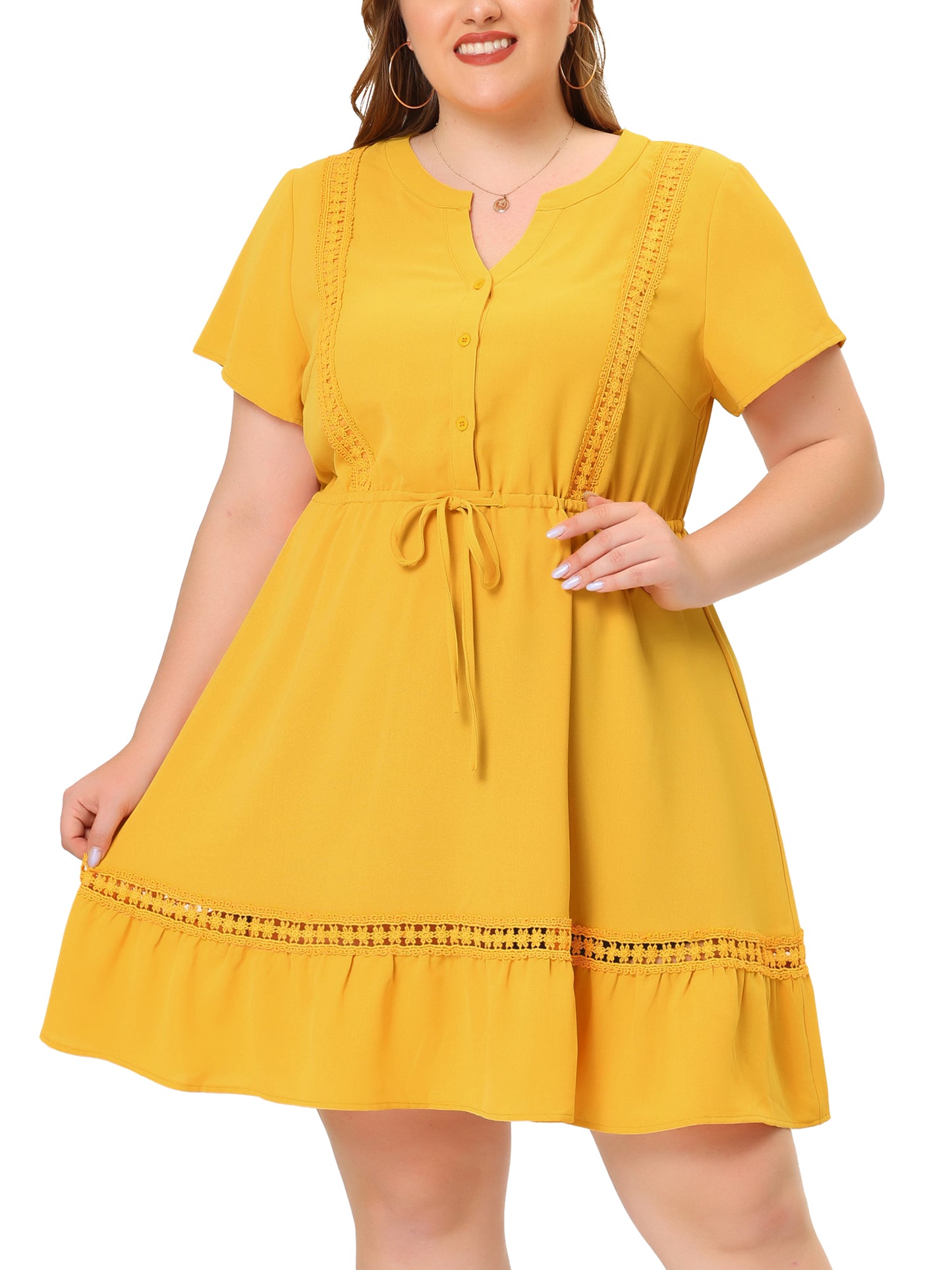 Women Plus Size Button V Neck Summer Midi Ruffle A Line Swing Dress