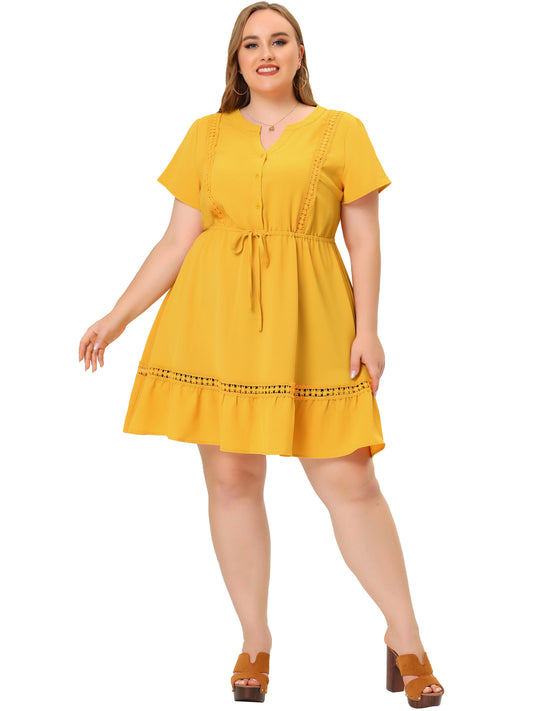 Women Plus Size Button V Neck Summer Midi Ruffle A Line Swing Dress