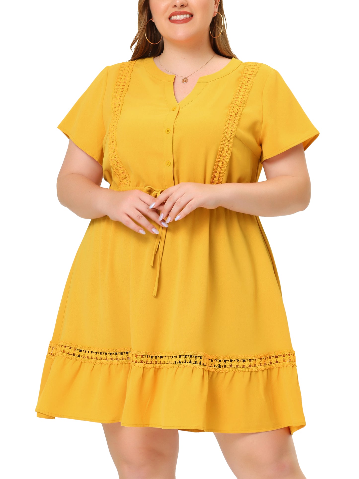 Women Plus Size Button V Neck Summer Midi Ruffle A Line Swing Dress