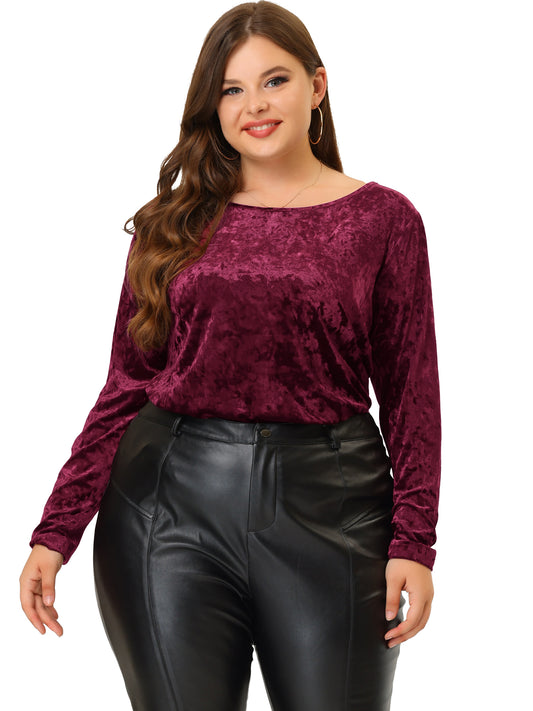 Women Plus SIze Velvet Top Tops Crew Neck Long Sleeve Vintage Retro T-Shirt