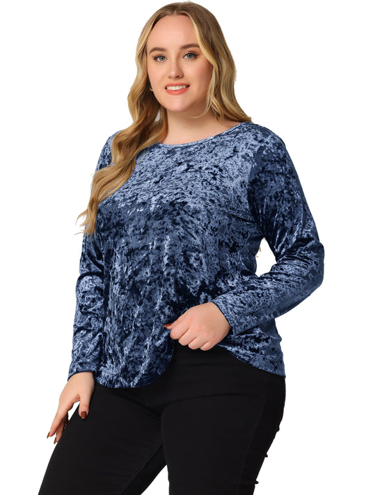 Women Plus SIze Velvet Top Tops Crew Neck Long Sleeve Vintage Retro T-Shirt
