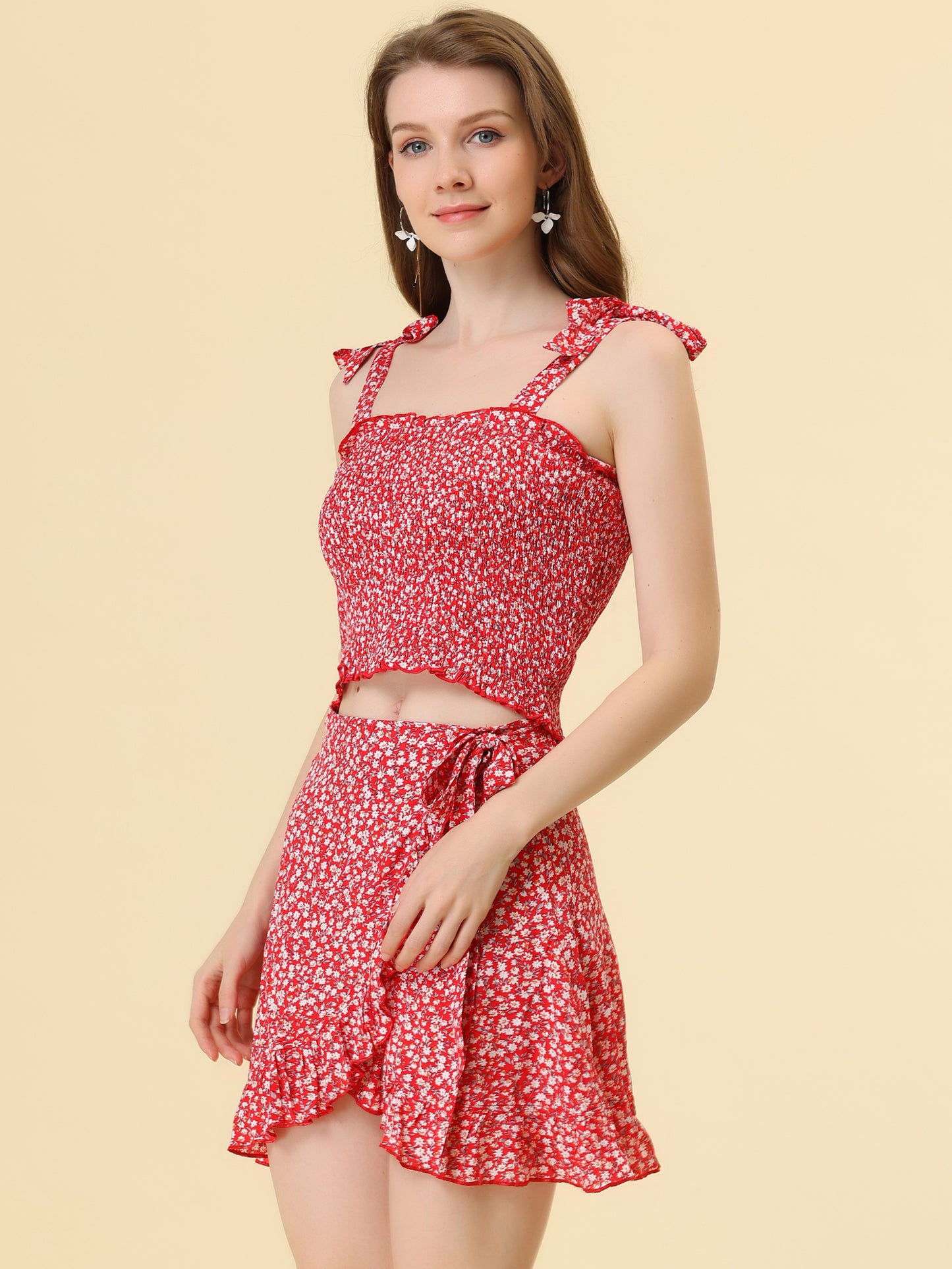 Women's 2 Piece Summer Floral Print Smocked Mini Skirt Set