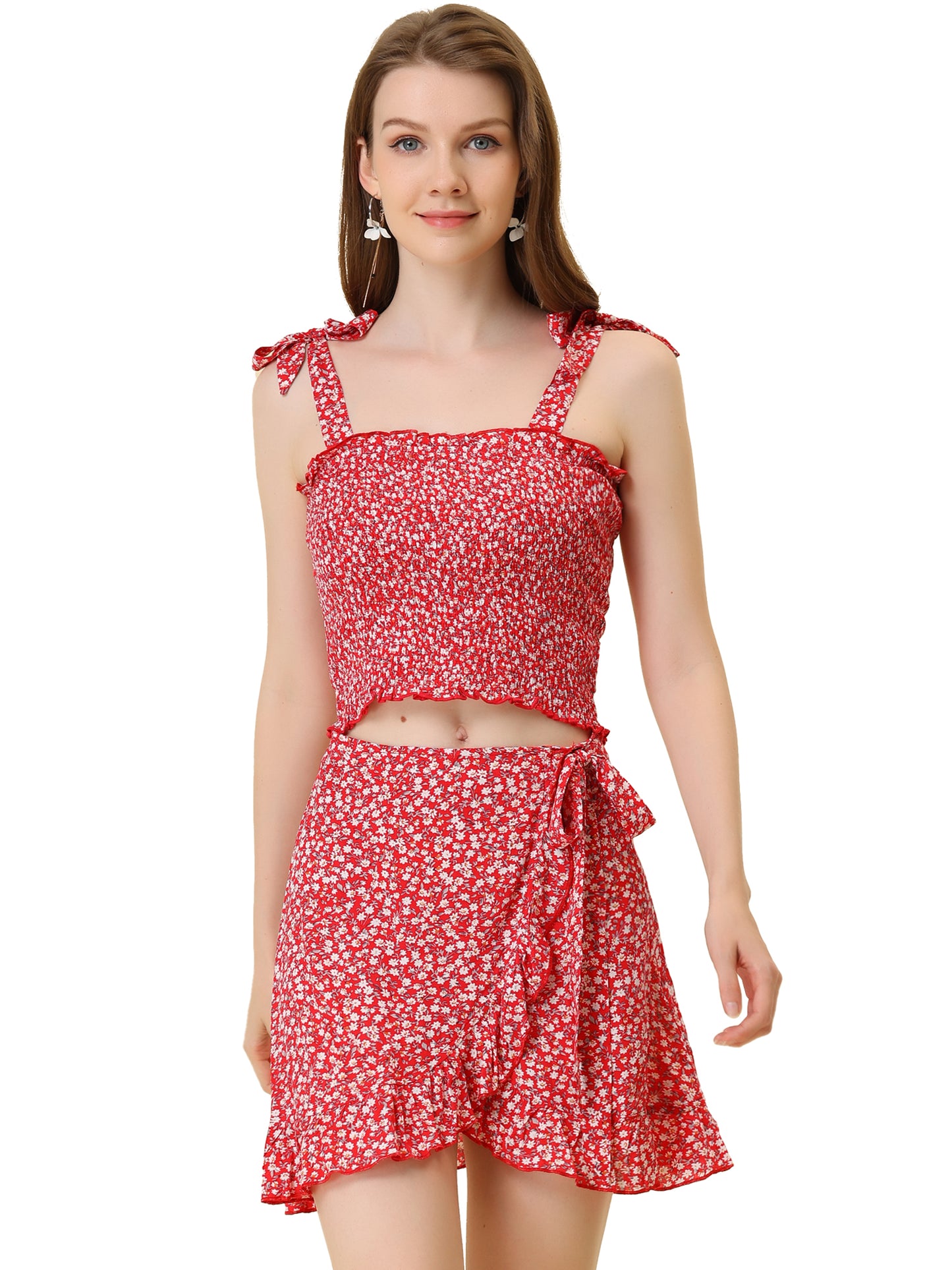 Women's 2 Piece Summer Floral Print Smocked Mini Skirt Set