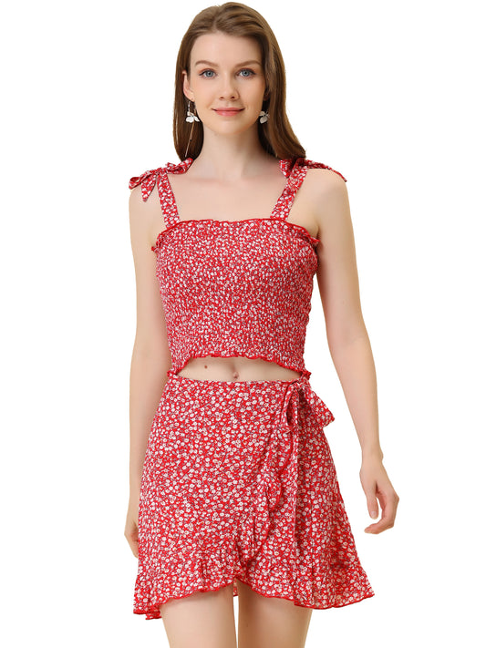 Women's 2 Piece Summer Floral Print Smocked Mini Skirt Set