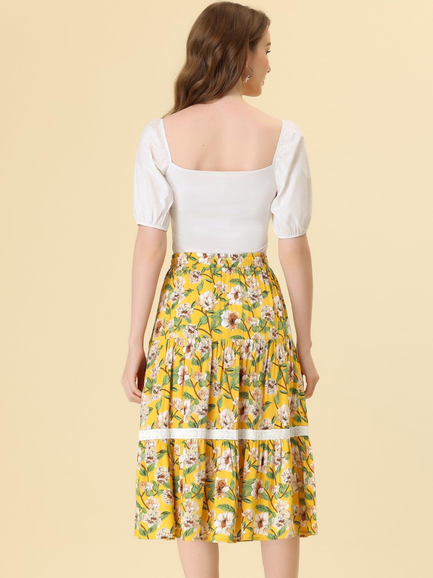 Falda floral para mujer con encaje, cordón elástico, falda midi escalonada