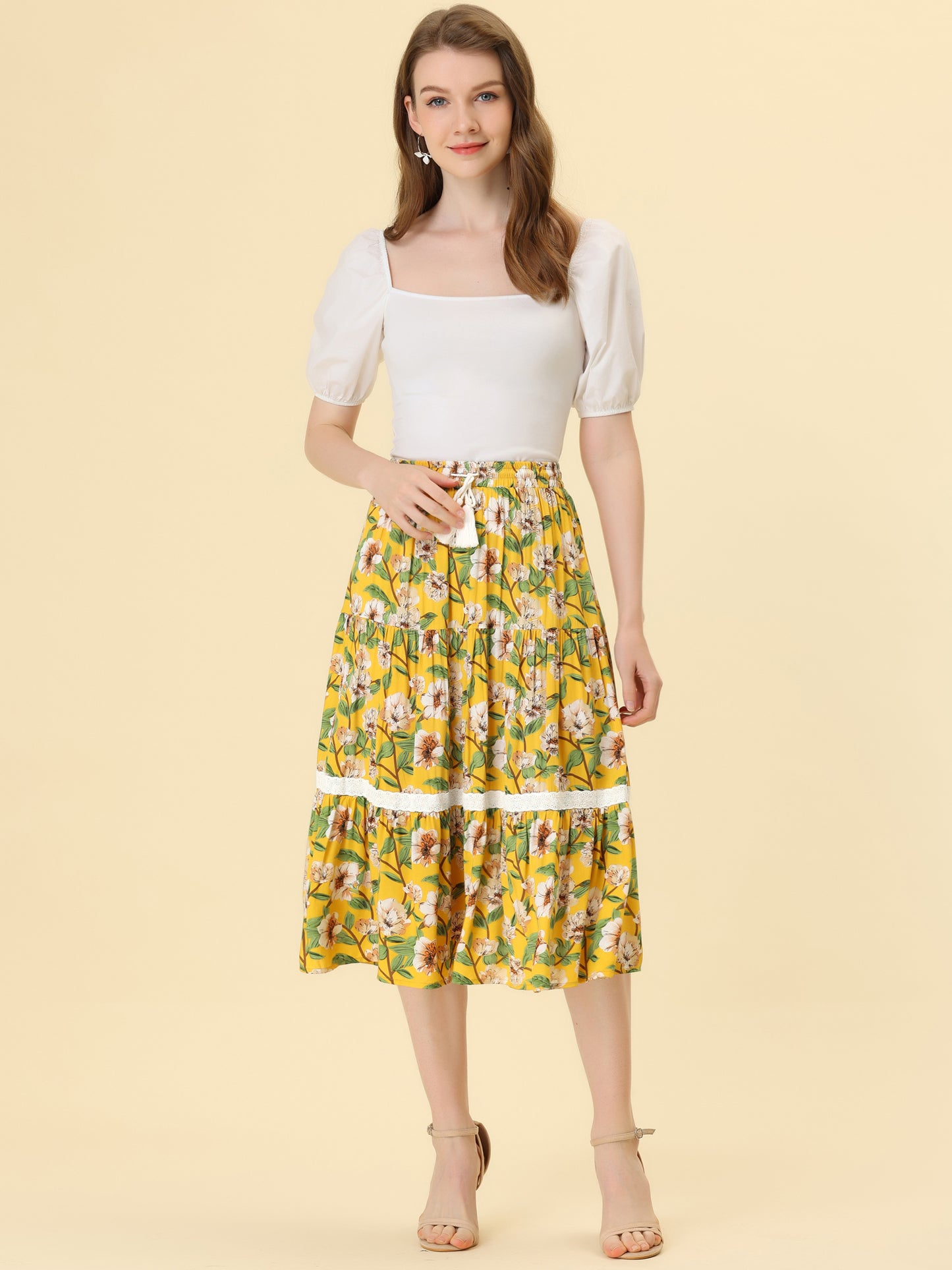 Falda floral para mujer con encaje, cordón elástico, falda midi escalonada