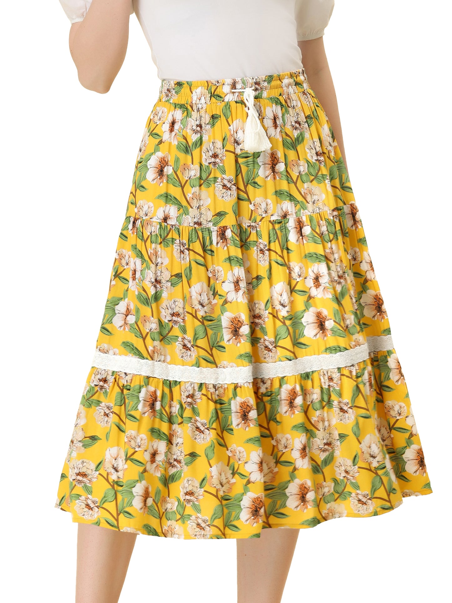 Falda floral para mujer con encaje, cordón elástico, falda midi escalonada
