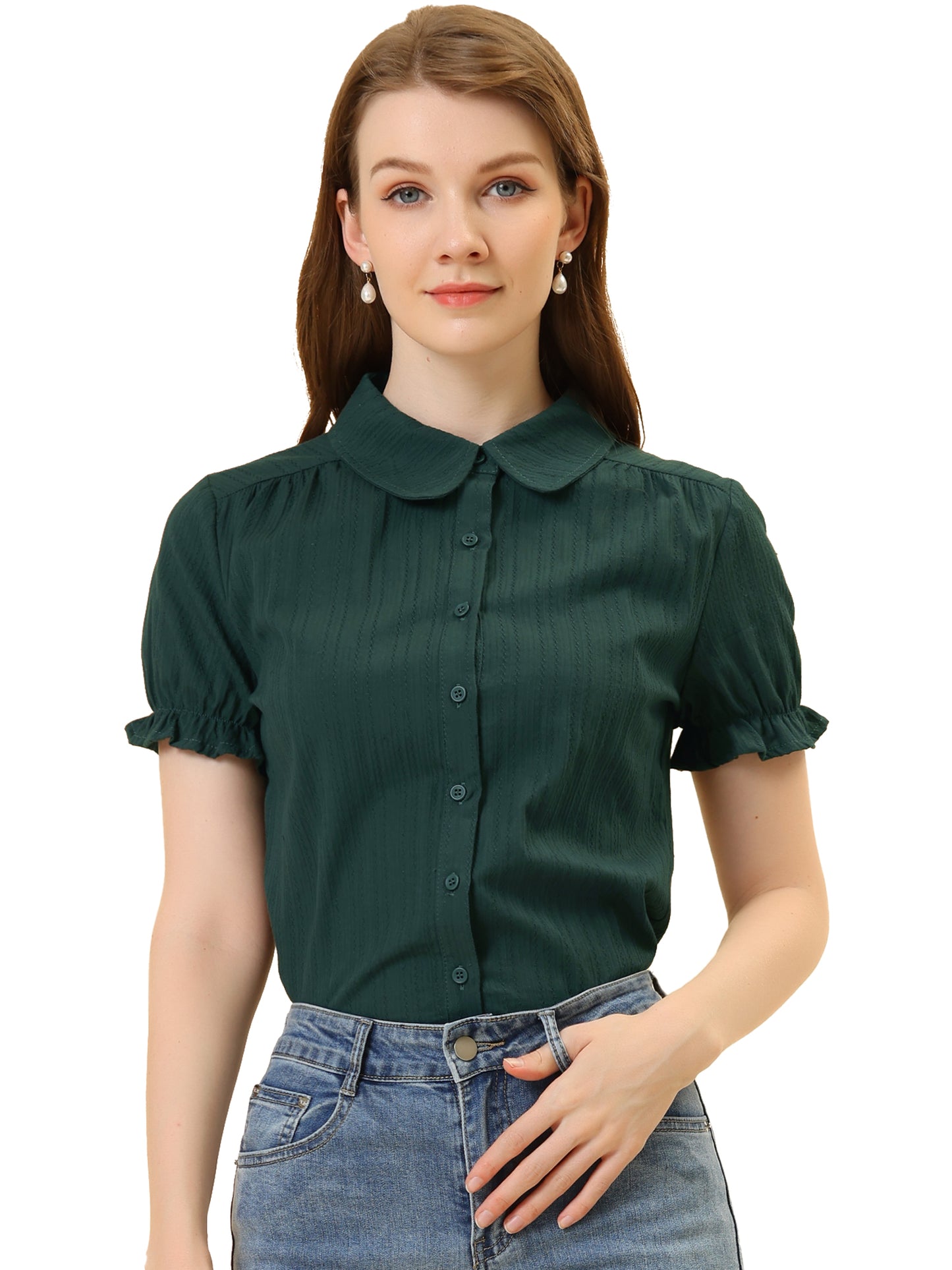 Women's Peter Pan Collar Shirt 1950s Vintage Cotton Button Down Blouse