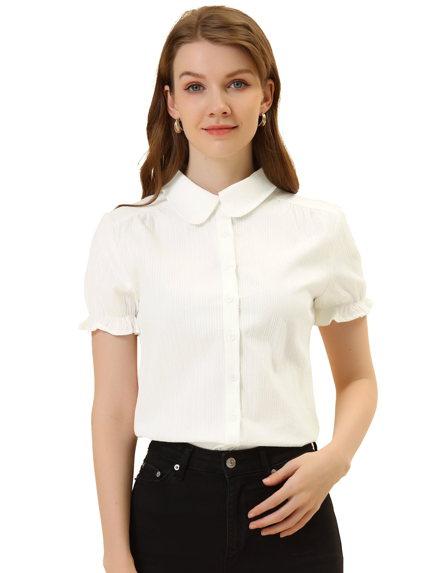 Women's Peter Pan Collar Shirt 1950s Vintage Cotton Button Down Blouse