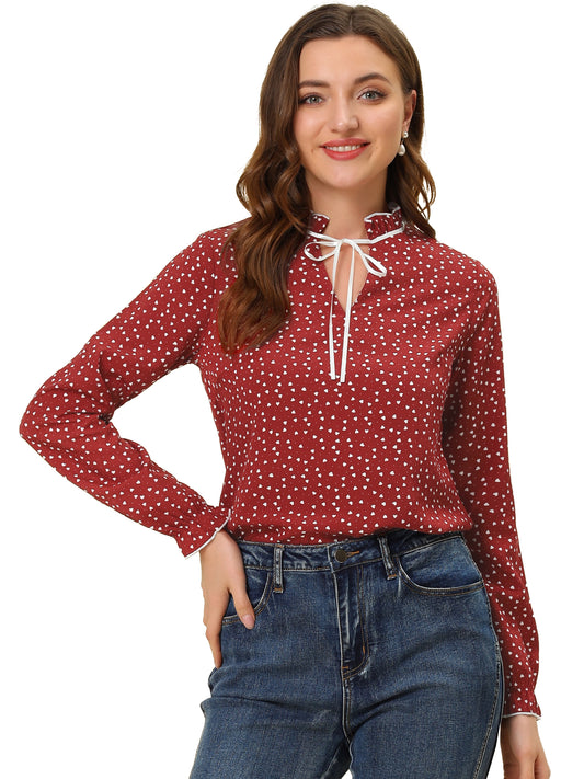 Women's Bow Tie Neck Blouse Ruffled Collar Printed Long Sleeve Top