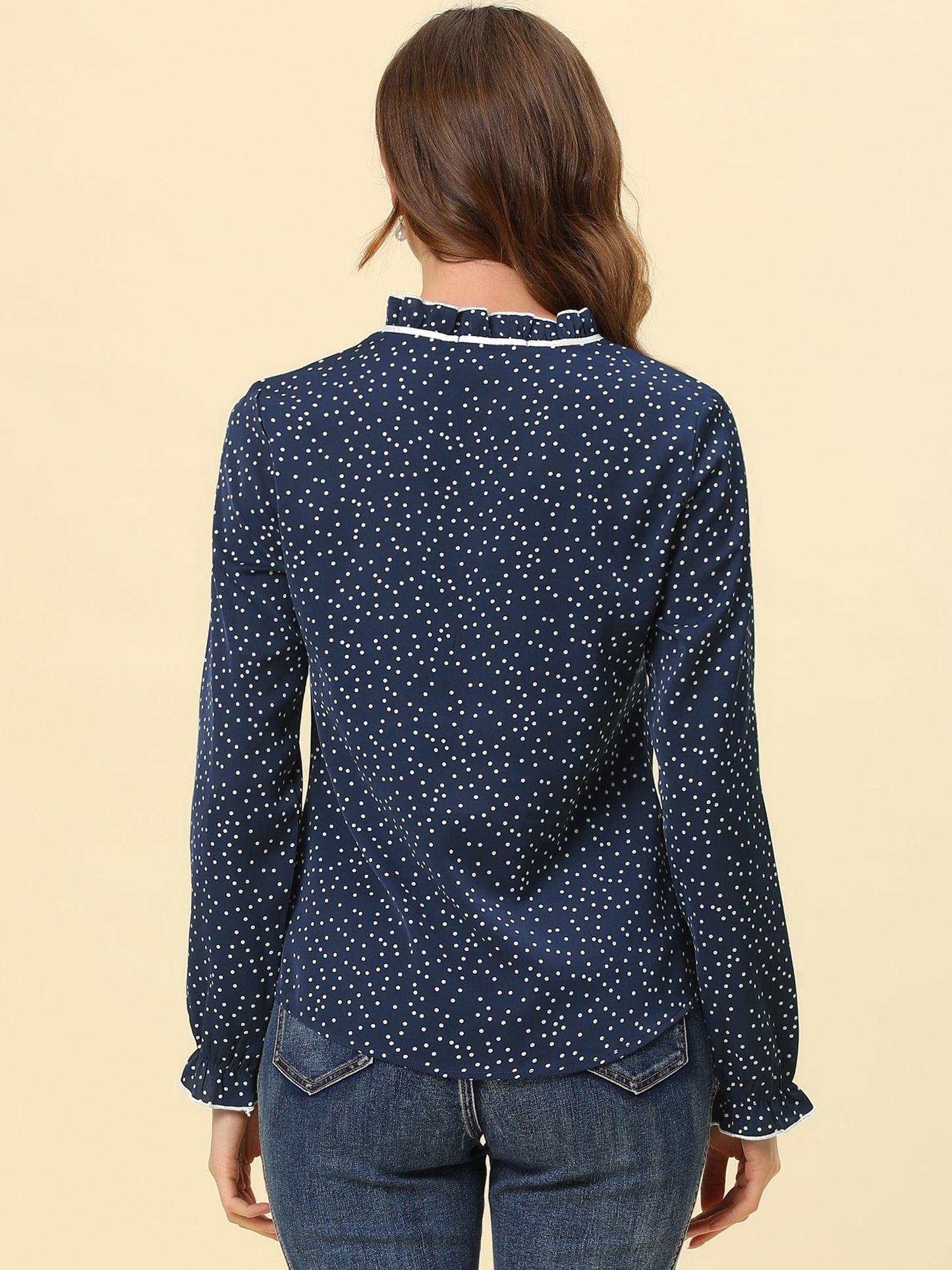 Women's Bow Tie Neck Blouse Ruffled Collar Printed Long Sleeve Top