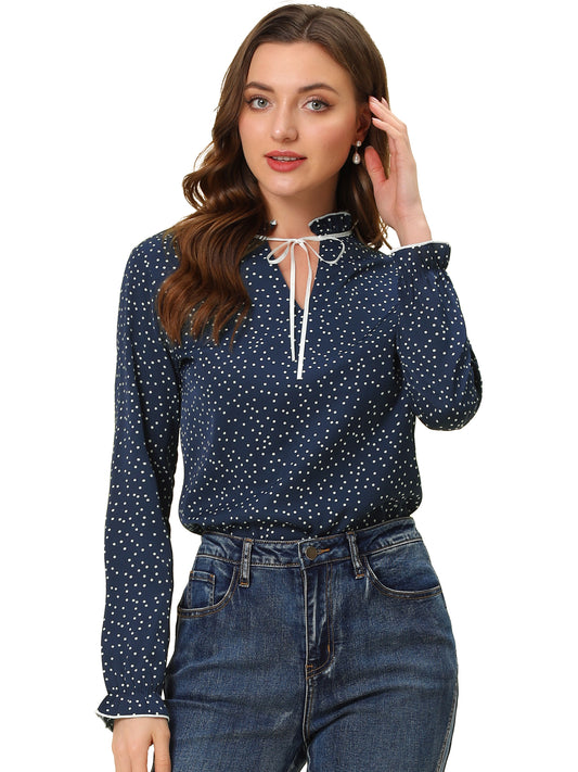 Women's Bow Tie Neck Blouse Ruffled Collar Printed Long Sleeve Top
