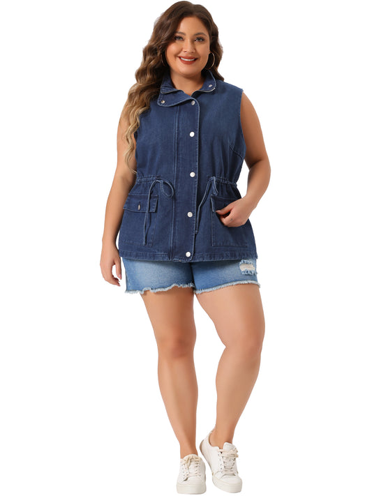 Women Plus Size Utility Vest Lightweight Sleeveless Anorak Cargo Drawstring Jean Denim Jacket