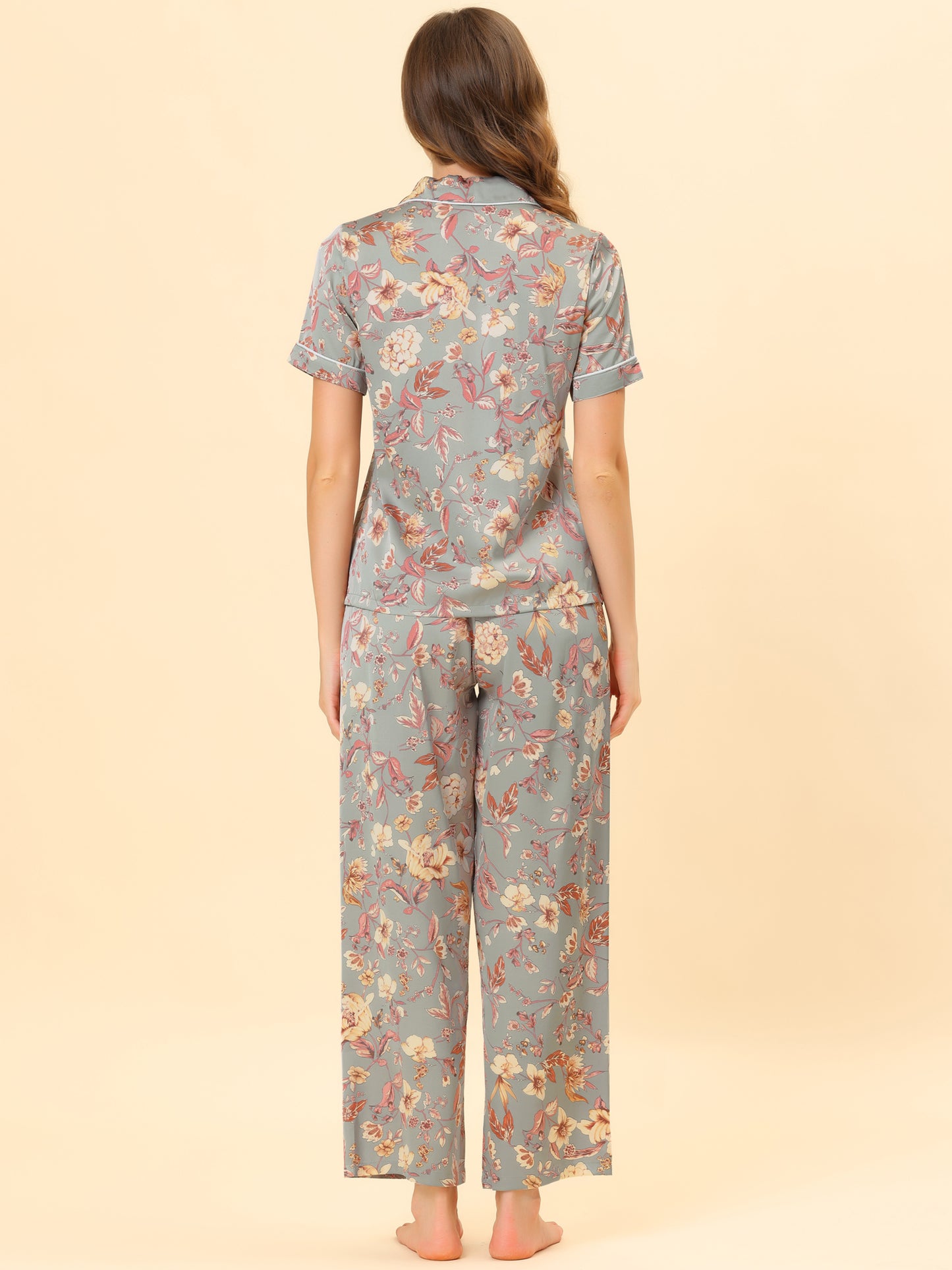 cheibear Pajama Set Silk Short Sleeves and Pants Floral Satin Sets Grey