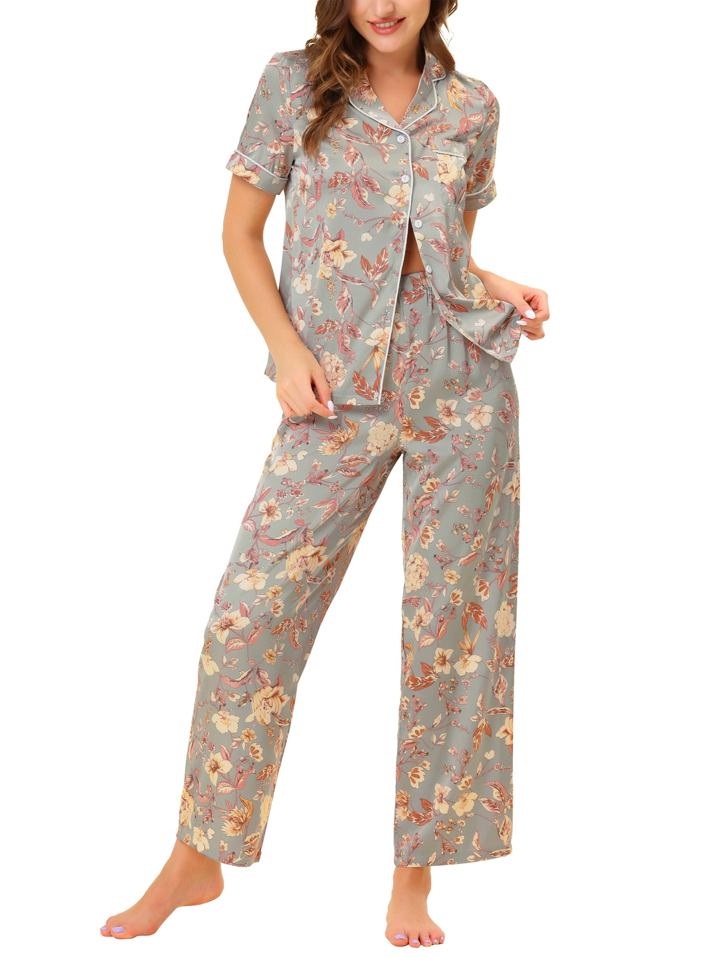 cheibear Pajama Set Silk Short Sleeves and Pants Floral Satin Sets Grey