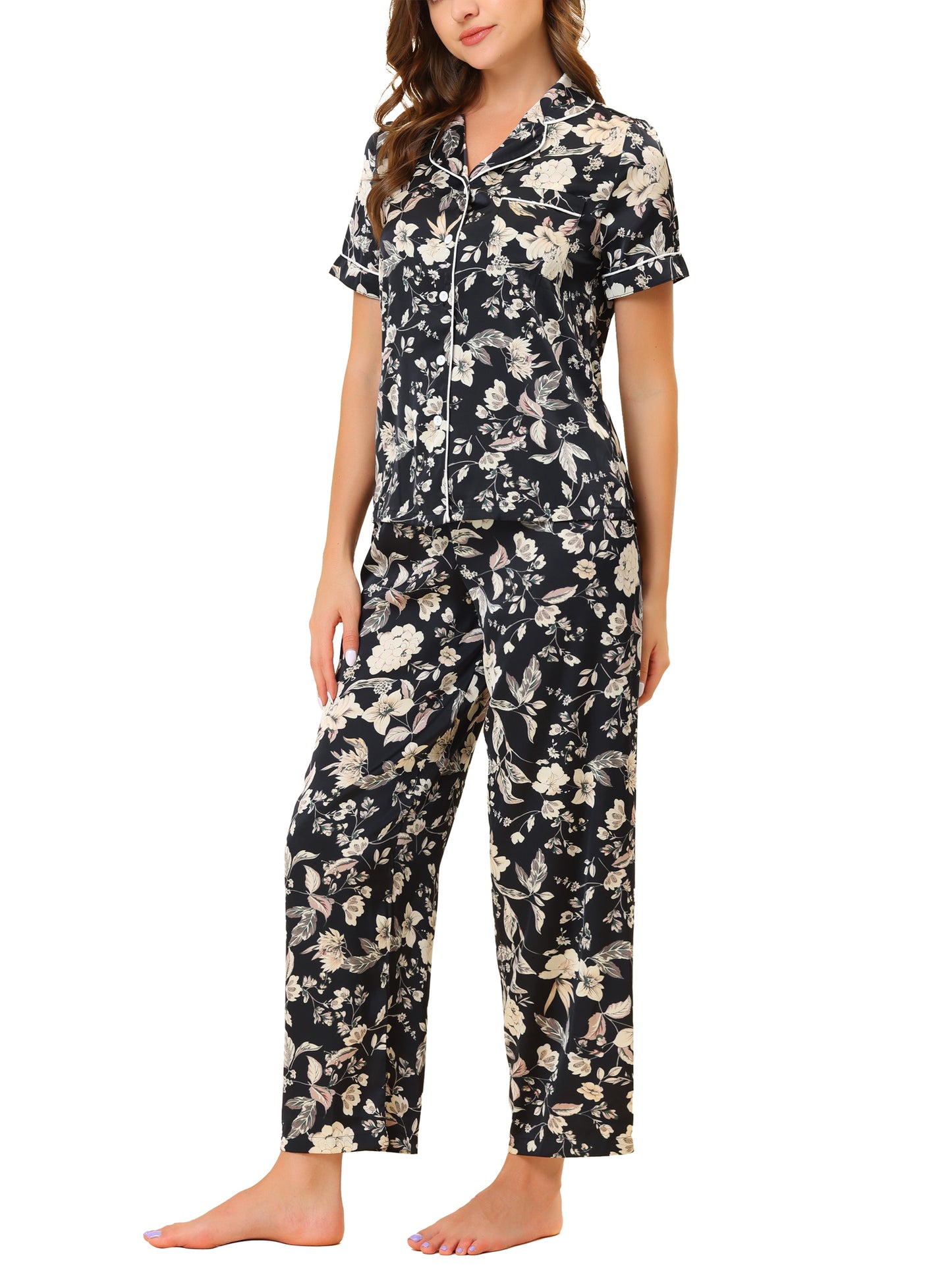 cheibear Pajama Set Silk Short Sleeves and Pants Floral Satin Sets Black-White