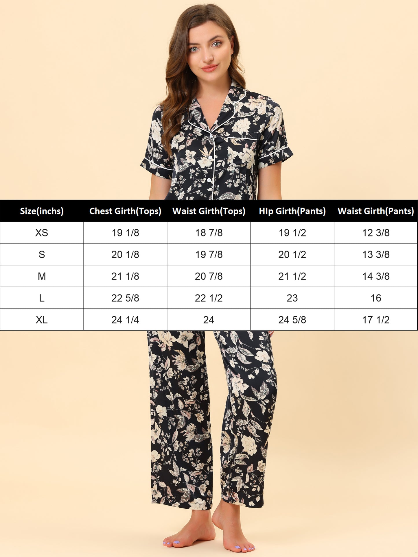 cheibear Pajama Set Silk Short Sleeves and Pants Floral Satin Sets Black-White