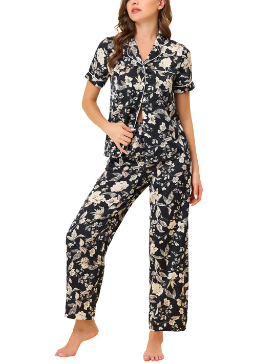 cheibear Pajama Set Silk Short Sleeves and Pants Floral Satin Sets Black-White