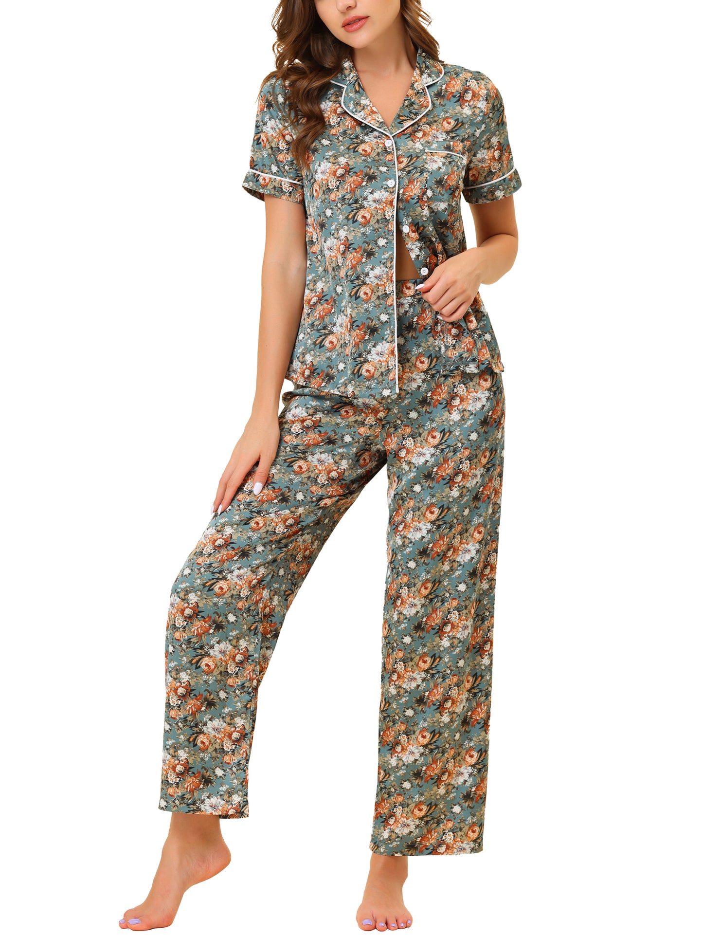 cheibear Pajama Set Silk Short Sleeves and Pants Floral Satin Grey Green