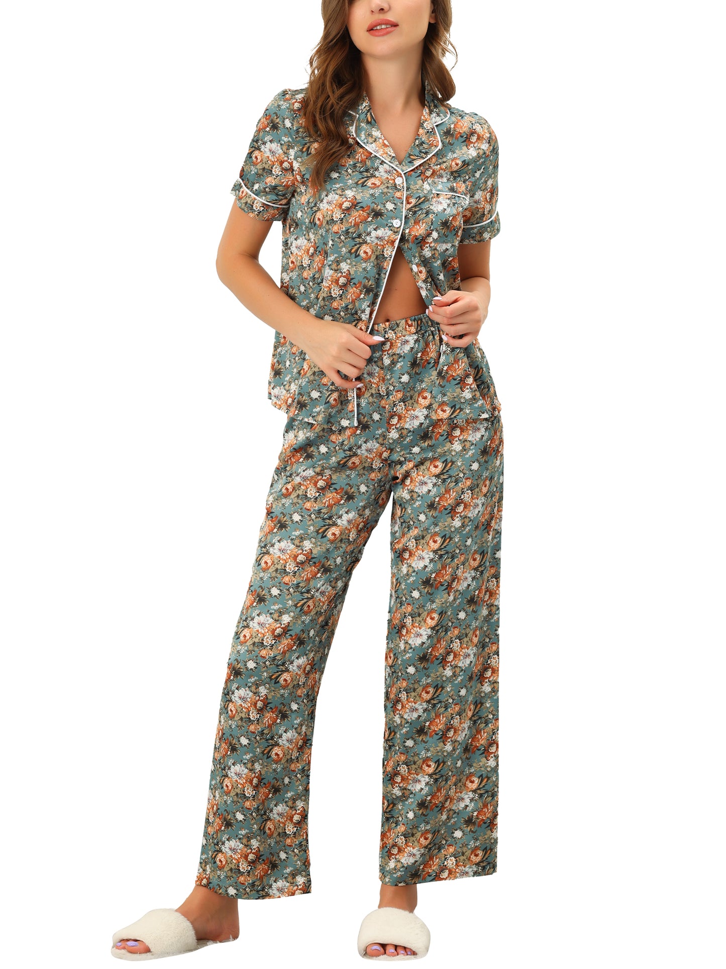 cheibear Pajama Set Silk Short Sleeves and Pants Floral Satin Grey Green